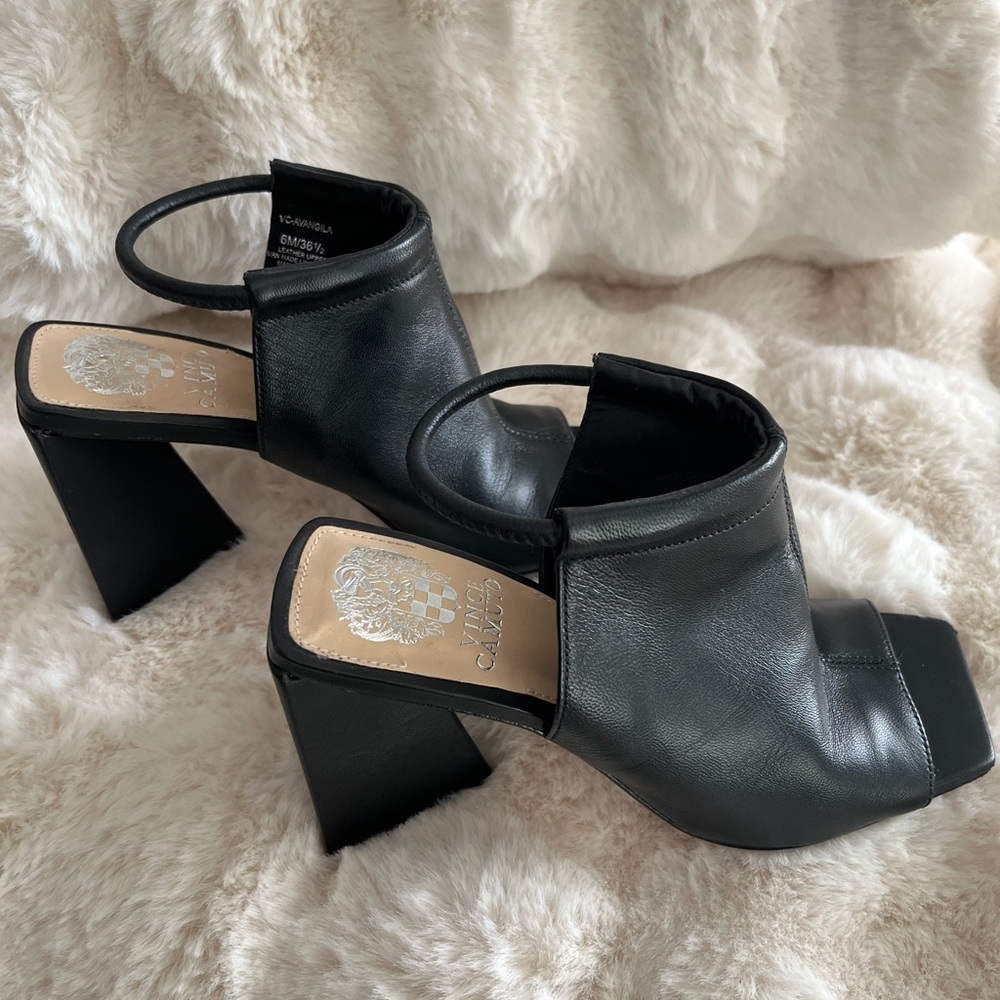 Vince Camuto Black Leather Heels with Chunky Block Heel